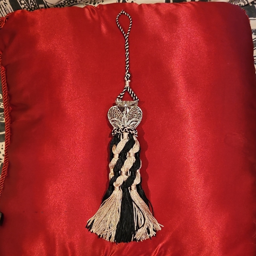 Vintage 14" Black & Cream Tassel(s) with Secret Heart Accents